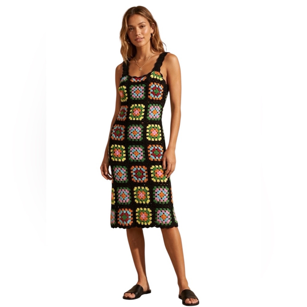 Emma & Posh Granny Square Black Mulicolor Afgan Crochet Boho Sheath Dress Small